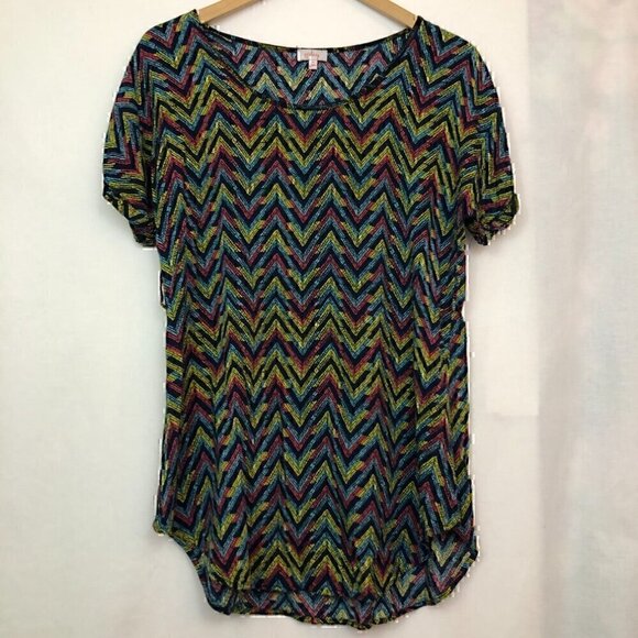 PIXLEY STITCH FIX Dotted Chevron Tunic Blue Pink Multi Short Sleeve Boho Blouse - Picture 4 of 7
